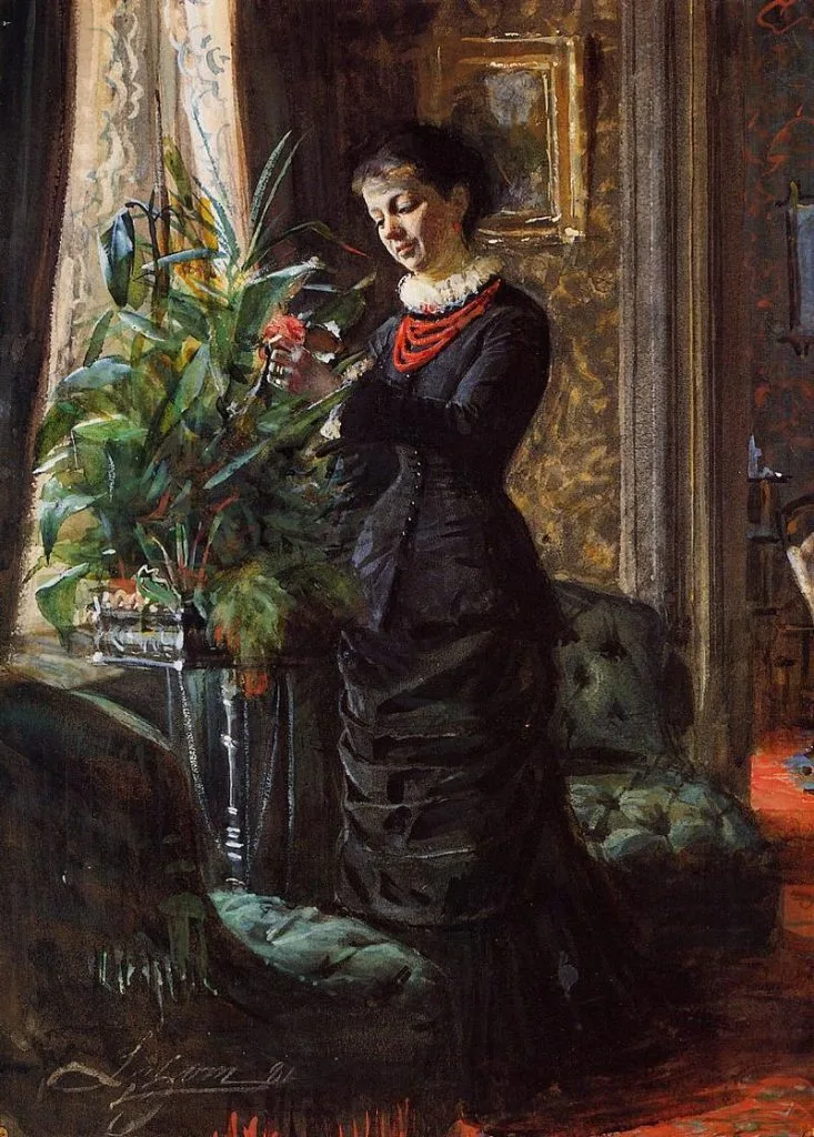 "Portrait of Fru Lisen Samson Arranging Flowers," by Anders Zorn