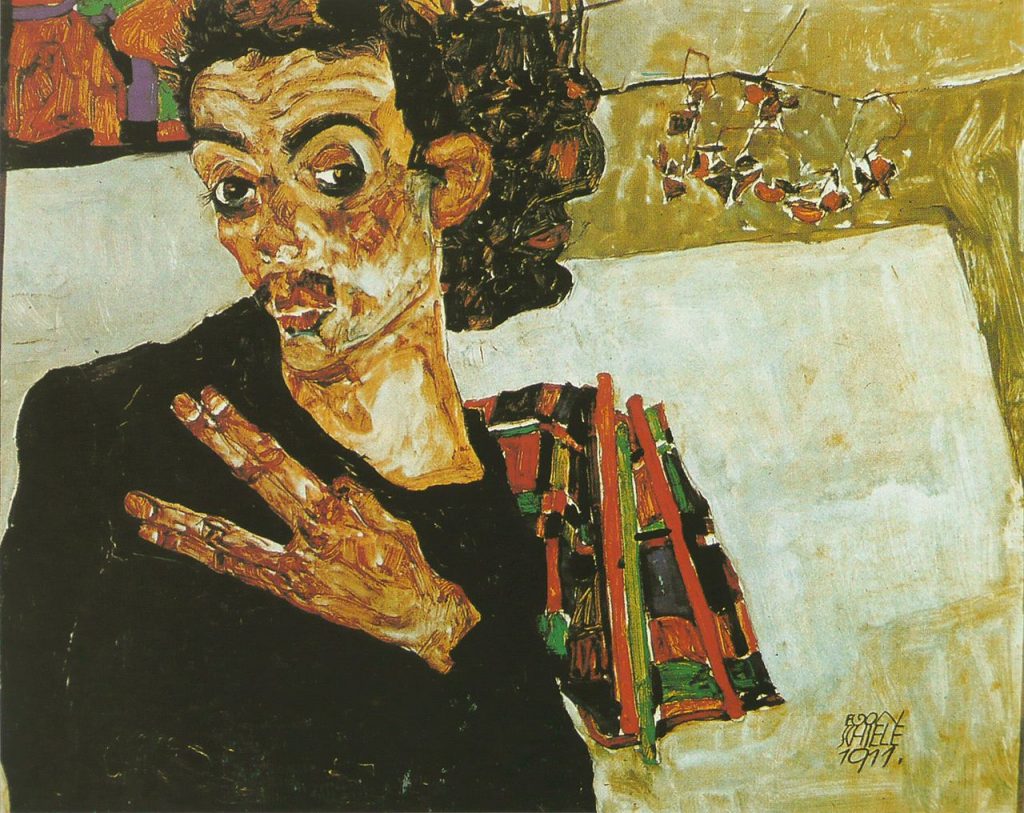 "Autoportrait Avec Récipient Noir," by Egon Schiele.