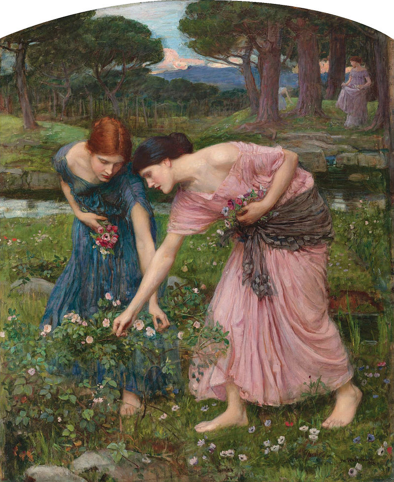 The painting "Gather Ye Rosebuds" by John William Waterhouse