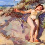 "Young Nude Woman Sunbathing on the Beach in Skagen," by Laurits Tuxen