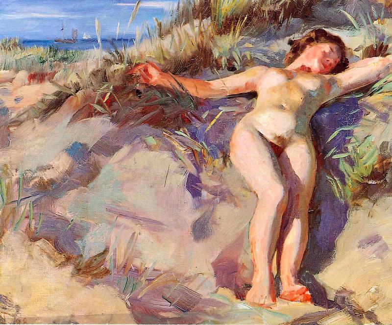 "Young Nude Woman Sunbathing on the Beach in Skagen," by Laurits Tuxen