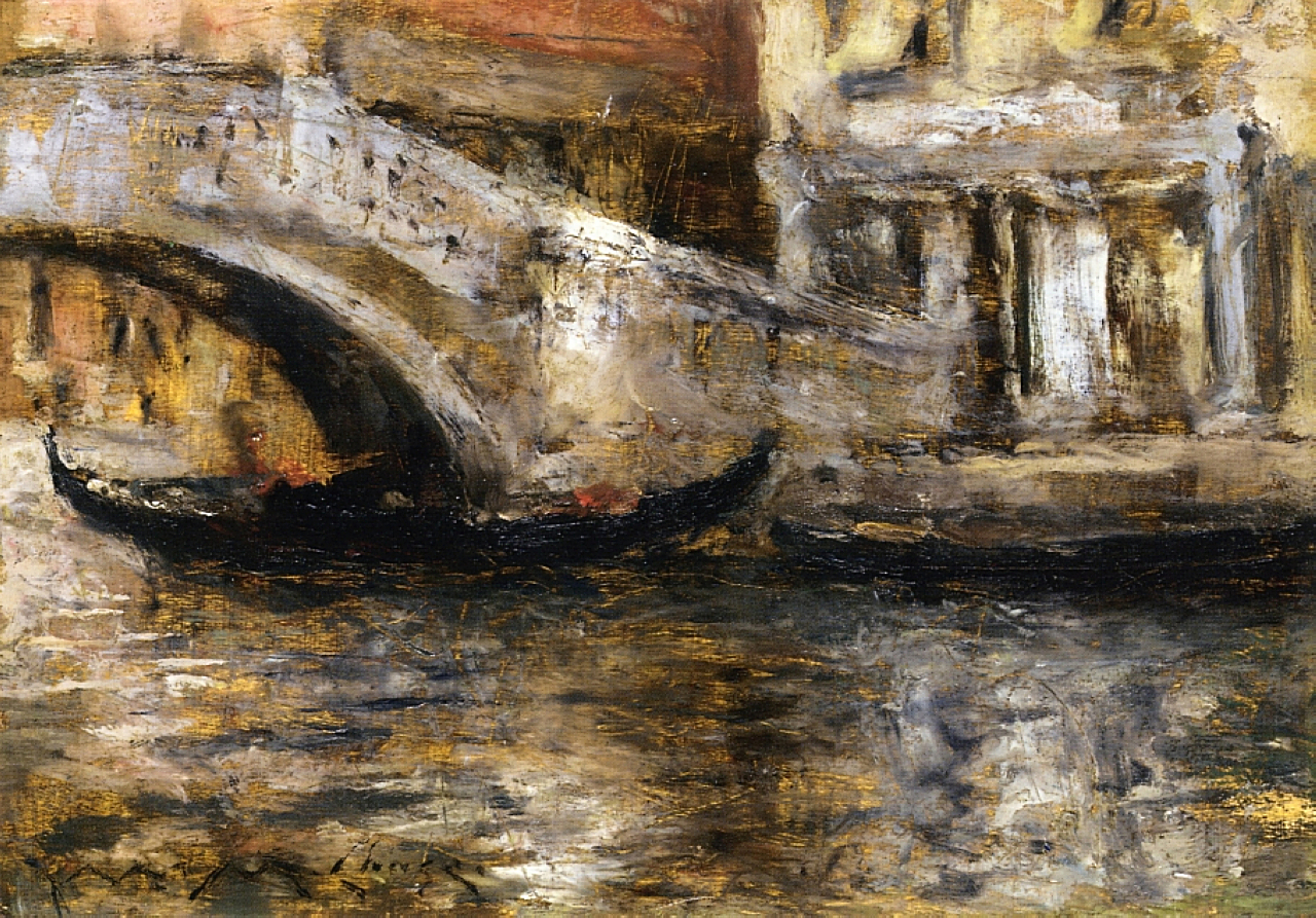 "Gondolas Along Venetian Canal," by William Merritt Chase.