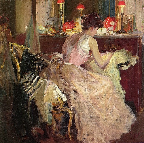 "Sewing By Lamplight," by Richard Edward Miller.