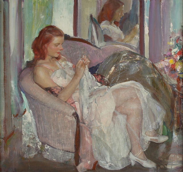 "Young Lady Sewing," by Richard Edward Miller.