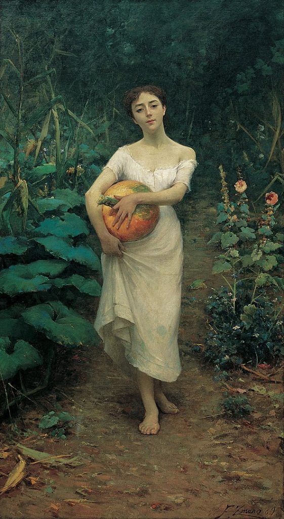 "Young Girl Carrying A Pumpkin," by Fausto Zonaro.