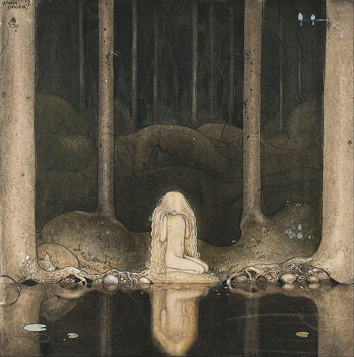"Princess Tuvstarr Gazing Down Into The Dark Waters Of The Forest Tarn," by John Bauer.