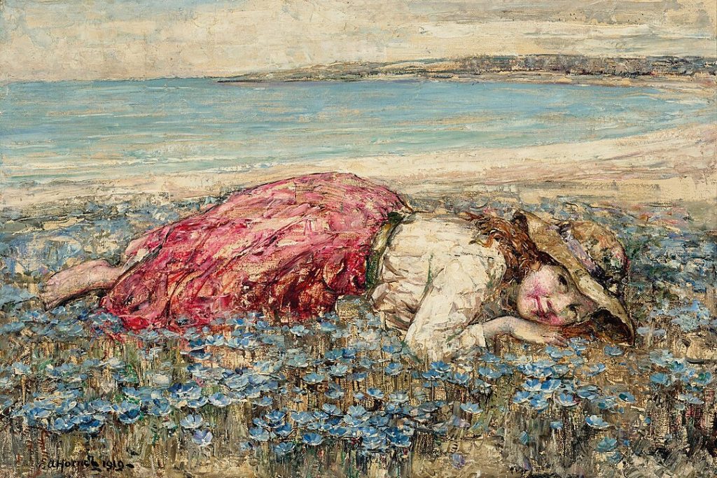 "Girl And Bluebells, Brighouse Bay," by Edward Atkinson Hornel.
