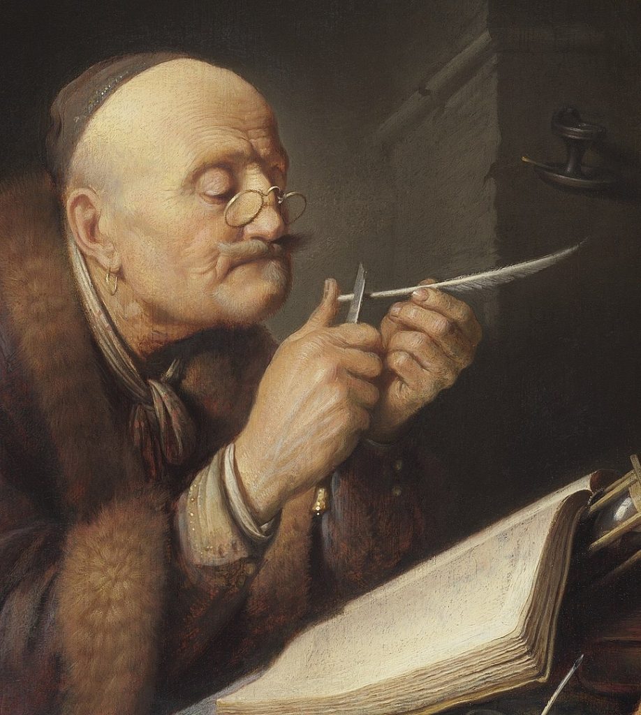 "Scholar Sharpening A Quill Pen," by Gerrit Dou.