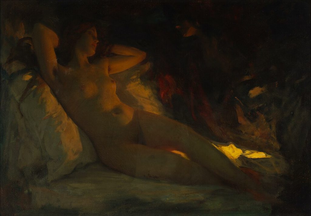 "Dame Neckt Auf Einem Bett Liegend," by Albert Ritzberger.