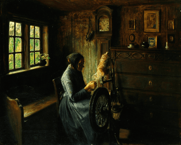 "Almueinterior Med Gammel Kone Ved Spinderokken," by Carl Holsøe.