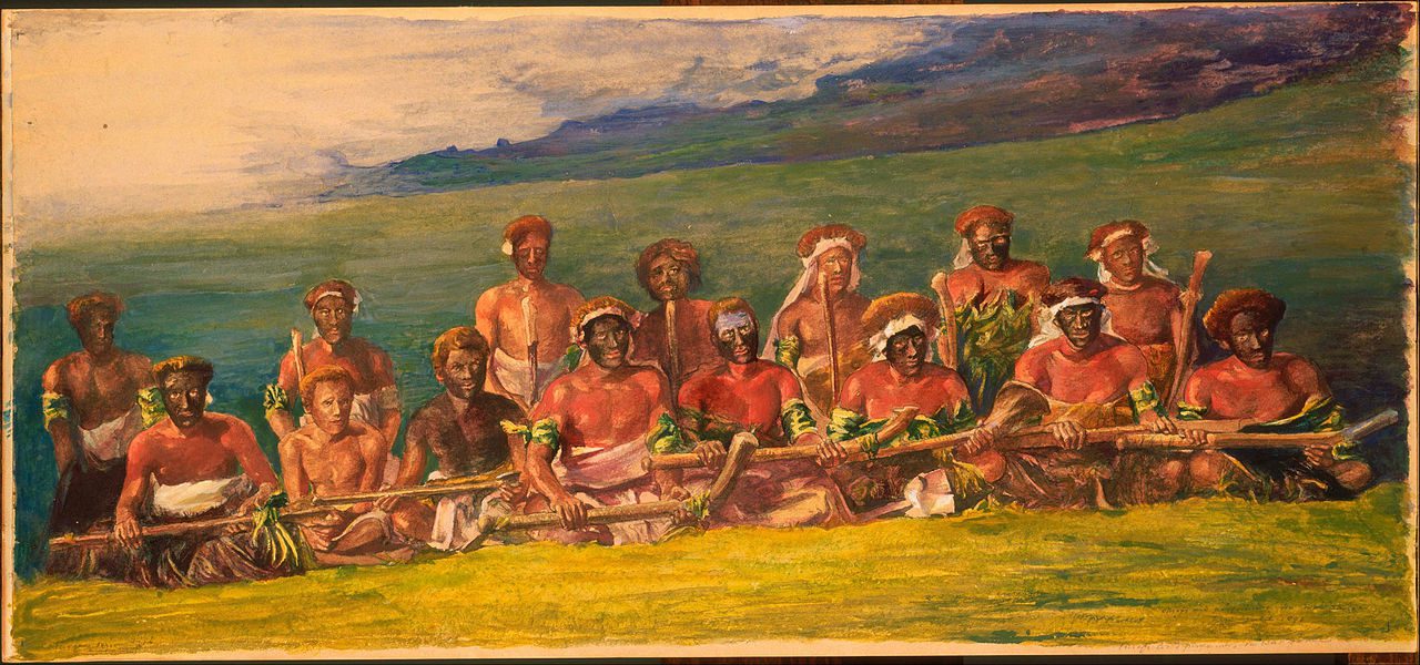 "Chiefs And Performers In War Dance, Fiji," by John La Farge.