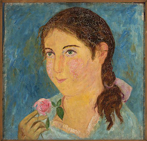 "Girl Holding A Rose In Her Hand," by Tadeusz Makowski.