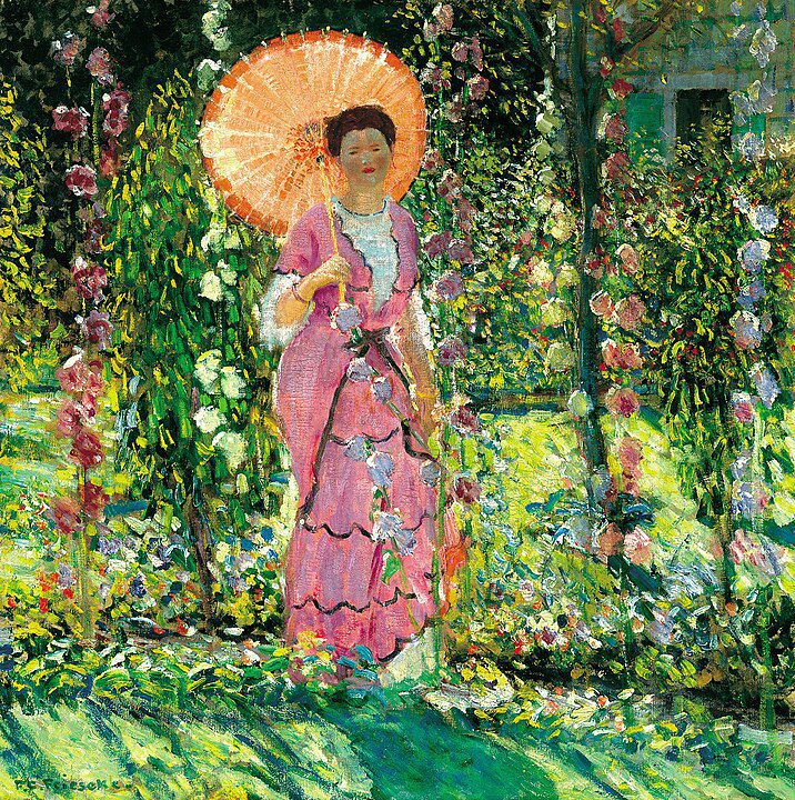 "Hollyhocks," by Frederick Carl Frieseke.