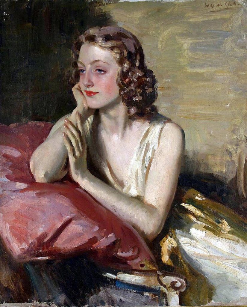 "Portrait Of Rai Resting On A Pink Cushion," by Wilfrid Gabriel de Glehn.