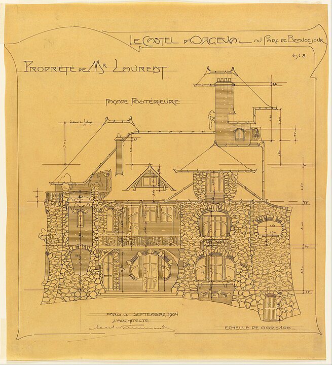 "Rear Facade, Castel D'Orgeval, Parc Beausejour Near Paris, Elevation," by Hector Guimard.