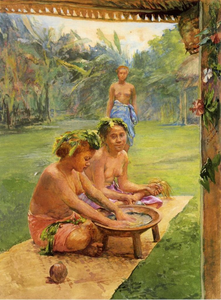 "Young Girls Preparing Kava Outside Of The Hut Whose Posts Are Decorated With Flowers," by John La Farge.