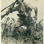 "Doughboy Fighting Through Barbed Wire Entanglement," by Harvey Dunn.