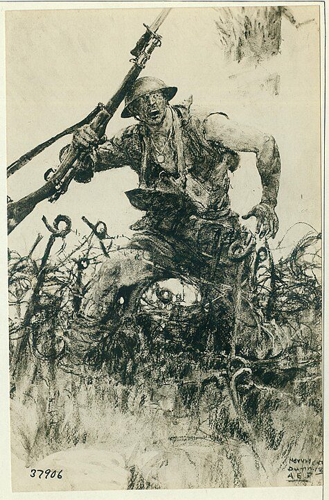 "Doughboy Fighting Through Barbed Wire Entanglement," by Harvey Dunn.