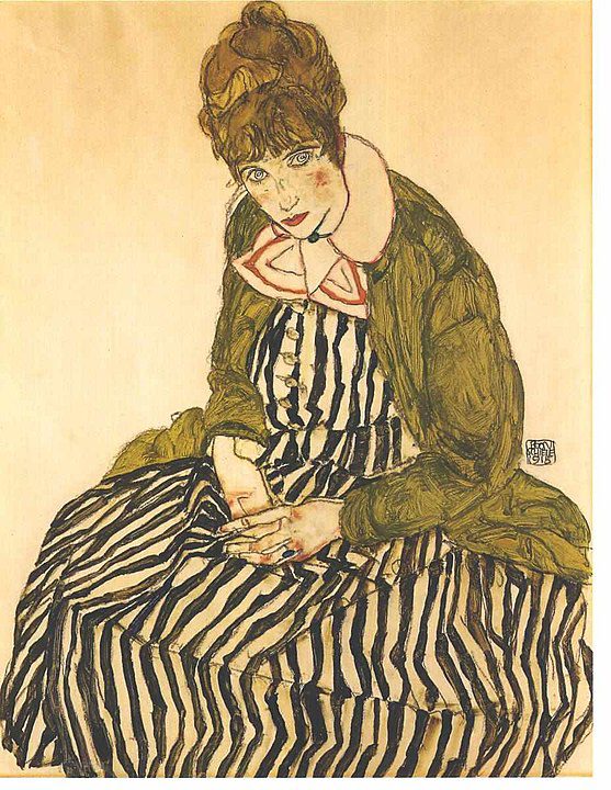 "Edith Schiele In Gestreiftem Kleid Sitzend," by Egon Schiele.