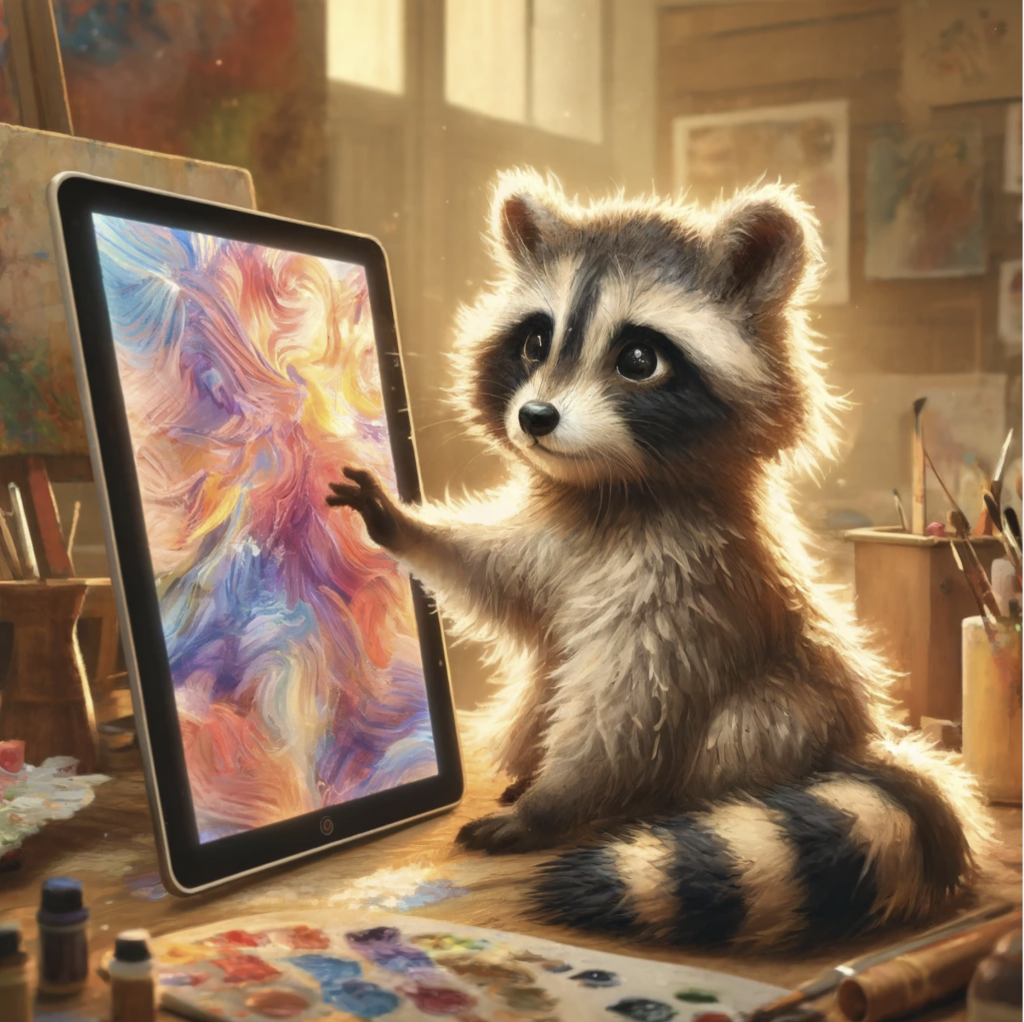 A raccoon working on some artificial intelligence art.