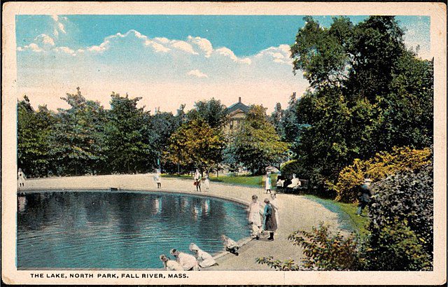 "The Lake, North Park, Fall River postcard," by Frederick Law Olmsted.