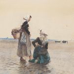 "Two Fisherwomen On The Beach At Low Tide," by Hector Caffieri.