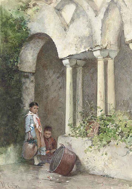 "Two Mexican Children In A Courtyard," by Hector Caffieri.