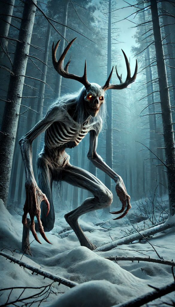 Wendigo in a forest of the Canadian wilderness.