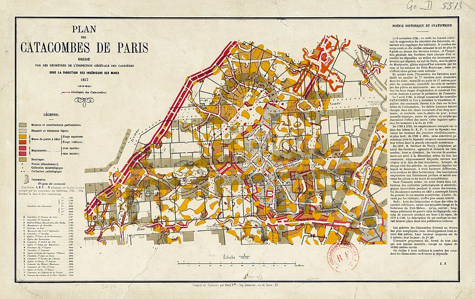 An 1857 map of the Paris Catacombs.