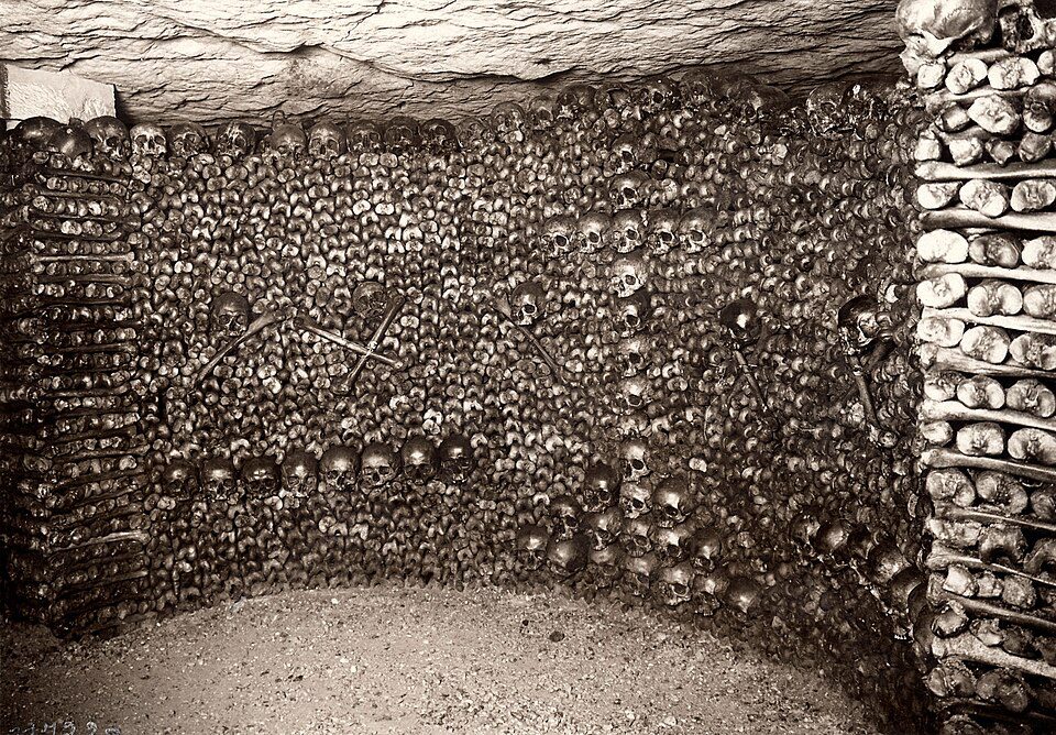Bone wall in the Catacombs of Paris.