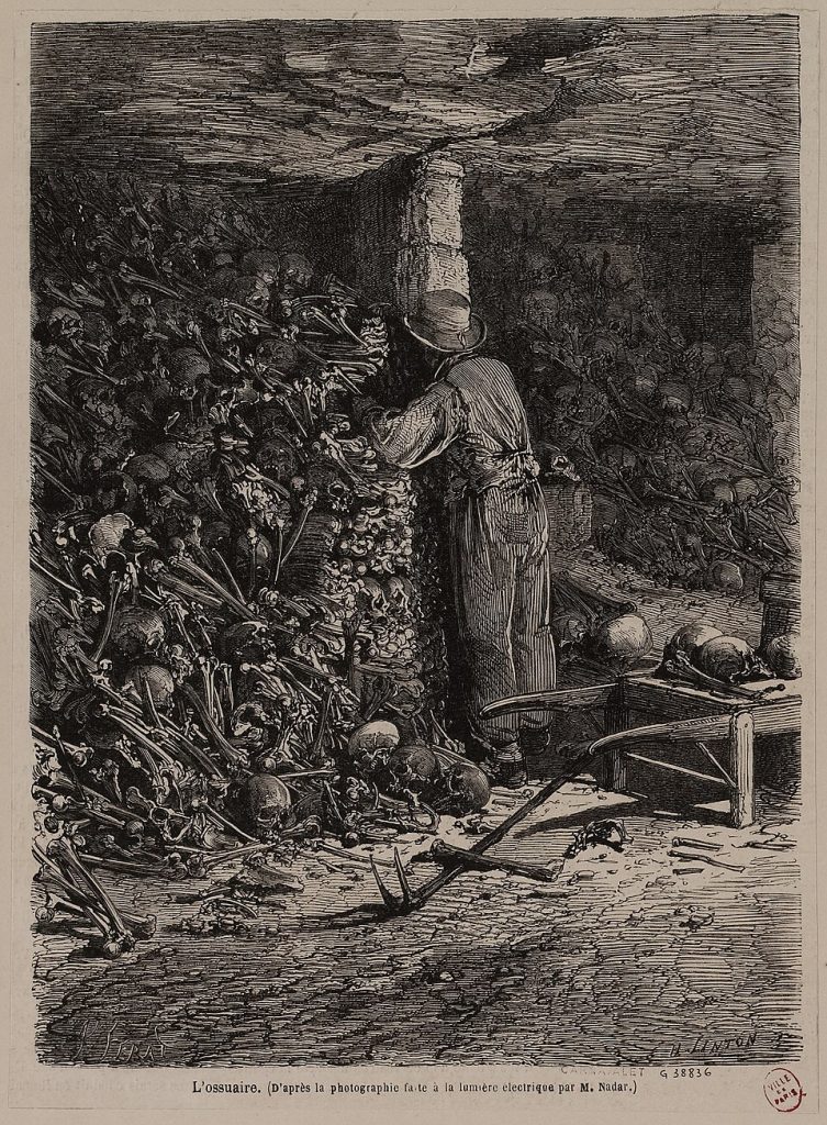 Illustration of a section of "L'ossuaire" in the Catacombs of Paris.