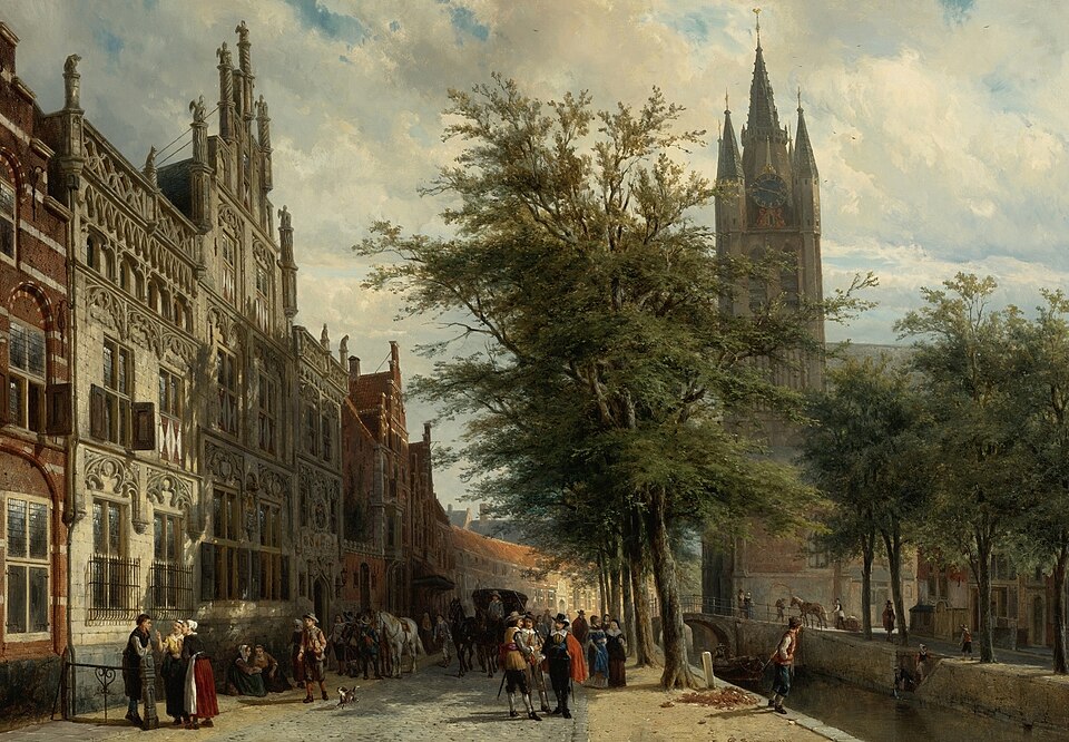 "The Gemeenlandshuis And The Old Church, Delft," by Cornelis Springer, 1877.