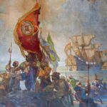 Detail of a mural at the Santa Barbara County Courthouse showing Juan Rodríguez Cabrillo claiming California for Spain, by Daniel Sayre Groesbeck.