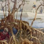 Painting of a U.S. Marine boat searching the Everglades for Seminoles, 1850.