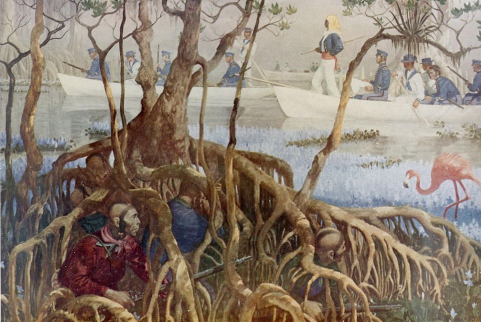 Painting of a U.S. Marine boat searching the Everglades for Seminoles, 1850.