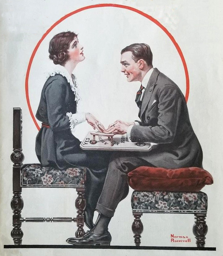 Painting of a ouija board being used, from The Saturday Evening Post, by Norman Rockwell.