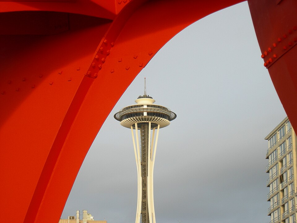 The Space Needle seen through "Eagle" sculpture by Alexander Calder.