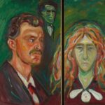 "Self Portrait Against A Green Background" and "Caricature Portrait Of Tulla Larsen," by Edvard Munch, 1905.
