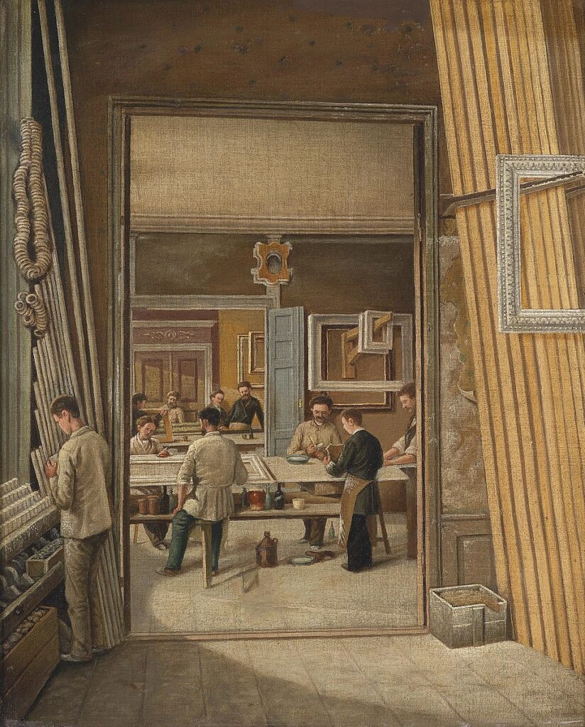"View Of A Frame-Makers' Workshop," by anonymous, c.1900.