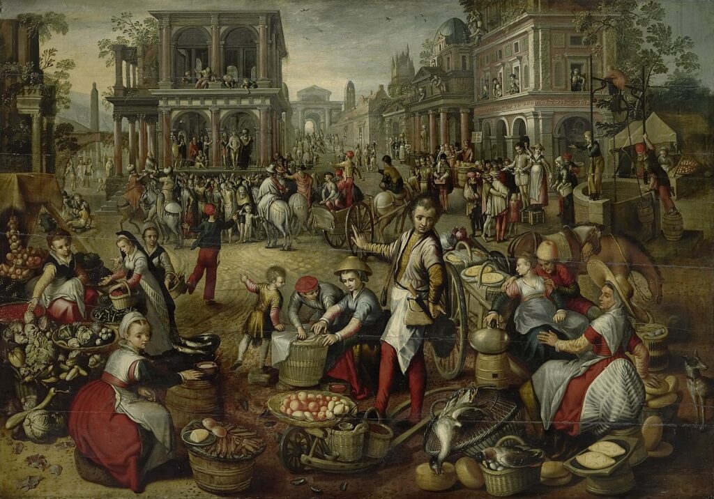 "Marktplein, met op de achtergrond de geseling, Ecce homo en de kruisdraging," by Joachim Beuckelaer.