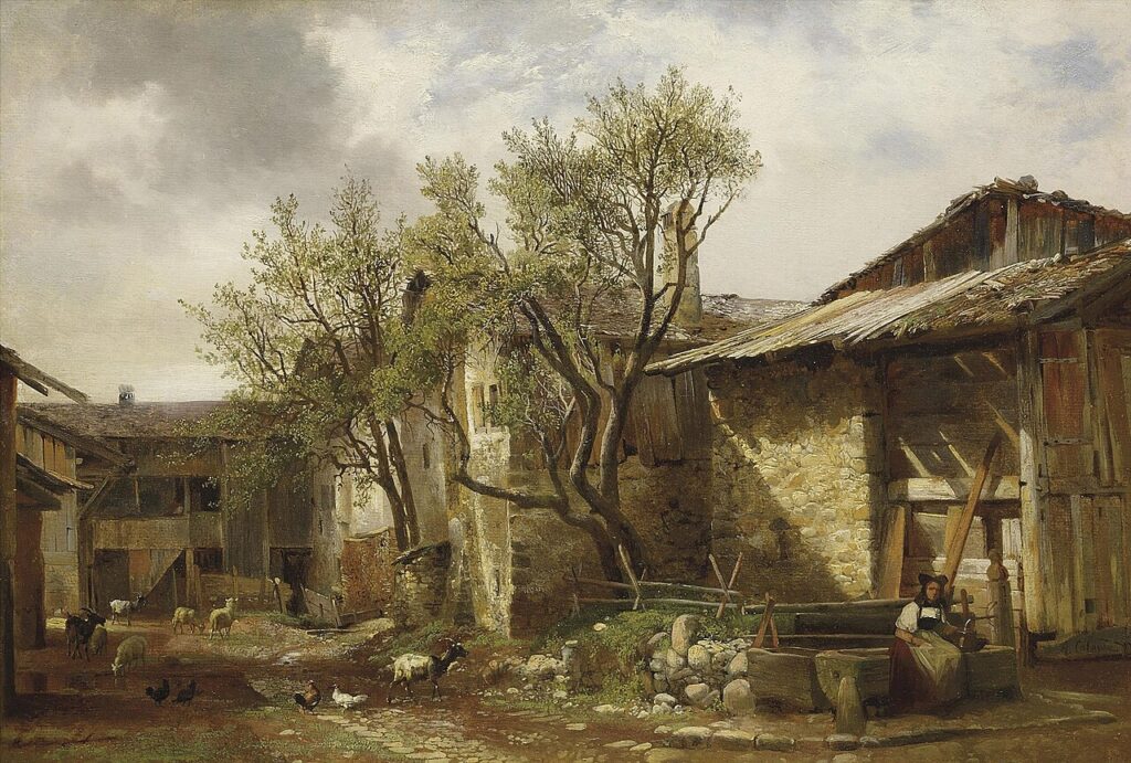 "Ferme Avec Paysanne Et Animaux," by Alexandre Calame.
